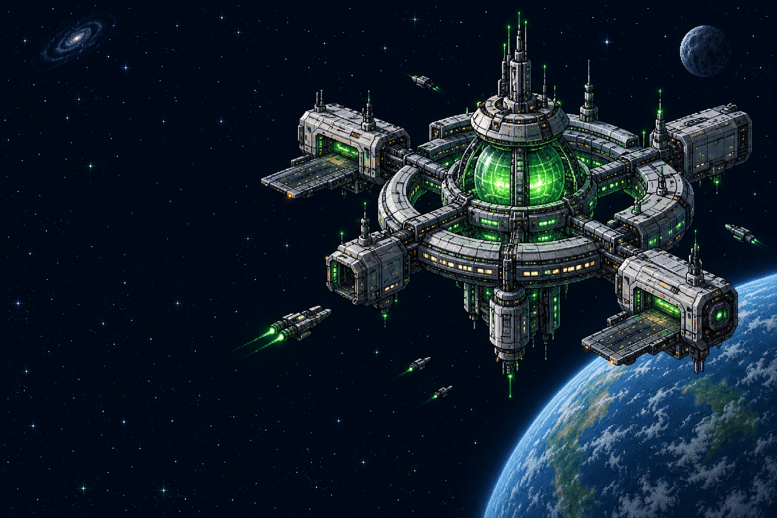 Pixel-art orbital station with modular docks and a glowing green core above a blue planet